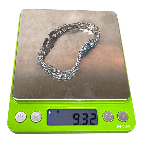 Vintage Silver-Tone Tennis Bracelet Topaz Blue Glass Rhinestones 6.5” Art Deco - Picture 6 of 6